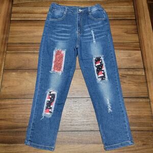 Kids Blue Denim Jeans w/ Front Cut-Out Patches Sequin / Christmas - Size 3XL